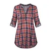 Women's Blouses Womens Casual Rolled Sleeve Blouse Sexy Zipped V-neck Plaid Tunic Tops Spring Summer Fashion And Shirts Chemise VD3837