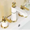 Grifos de lavabo de baño, grifo blanco y dorado, sujetadores de lavabo frío, grifo mezclador de 2 manijas, 3 uds montado en cubierta