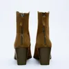 Ботинки на высоком каблуке в ковбойском стиле до щиколотки TRAF 2023, зимняя мода, женская обувь на массивном каблуке с острым носком, коричневая, 231113