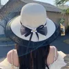 Wide Brim Hats 2023 Korean Fashion Simple Straw Hat Women's Summer Thin Bow Flower Visor Big Eaves Beach Mesh Dome Sun Cap Gorras Para