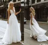 Boho Beach V Neck A Line Wedding Dresses Plus Size White Lace Appliqued Elegant Boho Bridal Gowns Tulle Backless Sweep Train Country Garden Robes de Mariee CL2156