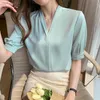 Blouzen voor dames shirts mint green 2023 zomer korte mouw satijnen textuur losse casual v-neck frans wit shirt vrouwen plus size tops ladie