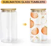 US STOCK Bouteilles d'eau en verre de 16 oz Sublimation Blanks Givré Clear Can En forme de tasses avec couvercle en bambou Réutilisable Paille Bière Soda Tumblers Livraison en 2 jours