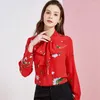 Damesblouses en tops Zijde Wit Rood Bloemen Strikje Kantoor Formeel Casual overhemden Grote maten Lente Zomer Sexy Haut Femme