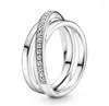 Rings de cluster autênticos 925 prata esterlina cintilação crossover rosa crossover triplo com anel de cristal para mulheres jóias de moda de festa de casamento