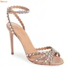 Sandaler Crystal Bling Colored Sandals Stiletto klackar Slingback Ankle Strap Shoes Women Peep Toe Wedding Sandals 230412