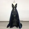 Green Sexy Celebrity Dresses V Neck Sequined With Detachable Train Mermaid Lace Up Backless Applique Satin Long Evening Gown New