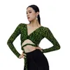 Scen Wear Latin Dance Competition Women's Clothing Children's Performance Green Leopard High Elastic Lace Top Rumba Tango