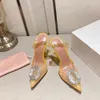 Amina Muaddi Womens sandals leather sole designer high heels 10cm crystal bow diamond chain decoration banquet women lightblue silk wedding sexy formal shoes AAPPP