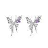 Boucles d'oreilles à tige Unique exagérer grand papillon clous d'oreilles violet Zircon paillettes couleur argent pour les femmes à la mode Bling bijoux