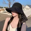 Breda randen hattar Bow Pleat Design Bucket Hat With Shawl Sun Protection Beach Neck Mesh Face Women