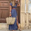 Casual jurken vrouwen boho lange jurk mode paisley print v nek korte mouw jurken zomer riem grote zoem strandjurk elegante spleet rok 230413