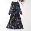 2023 Lato czarny kwiatowy nadruk Ruffle Sukienka z długim rękawem plisowane sukienki Midi Casual Sukienki A3A101512