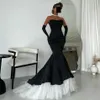 Vintage Mermaid Black Long Evening Dress Women's Strapless Pleated Sweep Train Satin Tulle Prom Formal Party Birthday Gowns Robe De Soiree