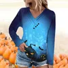 Magliette da donna Camicette Eleganti Moda casual Pieghettato Croce Scollo a V T-shirt Bottoni Tunica Halloween Stampa Zucca Pipistrello Top Femme