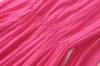 2023 Zomer hete roze ruche chiffon jurk stevige kleur lange mouw stand kraag knoppen midi casual jurken a3a101513