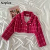 Two Piece Dress Neploe Notched Collar Plaid Skirt Suit Women Super Short Jacket Tops High Waist Aline Pleated Mini Skirts Female Twopiece 230413