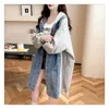 Kvinnors blusar denim skjortor för kvinnor huva vintage överdimensionerade lapptäcke cardigans långärmad avslappnad knälängd rockar koreanska stil toppar