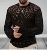 Camisolas masculinas primavera tricô pulôver manga longa fina casual sexy oco para fora preto camisola masculina em torno do pescoço respirável sólido jumper topo
