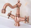 Badrumsvaskar Antika Red Copper Basin Taps Cross Handle Deck -kran och kallt vattenblandare TNF616