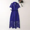 2023 Summer Blue Floral Lace Belted Dress Short Sleeve Revers Neck Double Pockets Single-Breasted Casual Dresses A3A101527