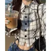 Kvinnors blusar Deeptown Plaid Shirt Vintage Harajuku Crop Chic Woman Blus Japanese Asymmetrical Long Sleeve Tops Korean Fashion Retro