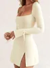 Casual jurken zonnige vierkante nek lange mouwen jurk slim fit bil split dames sexy feest kort elegant voor vrouwen 2023