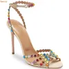 Sandaler Crystal Bling Colored Sandals Stiletto klackar Slingback Ankle Strap Shoes Women Peep Toe Wedding Sandals 230412