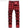Jeans da uomo Pantaloni stampati scozzesi rossi Pantaloni jeans elasticizzati slim alla moda Pantaloni dritti taglie forti alla moda W0413