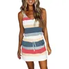 Casual Dresses Women Summer Striped Dress Casual Tie-up Color Block V-neck Spaghetti Strap Sundress with Drawstring Pockets Dresses 230413