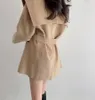 벨트 중간 패션 코트 아브리서 SM 여성의 한국 패션 세일러 칼라 모직 새시