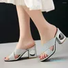 Slippers Women Sandals Block Heels Sequints Peep Toe Summer Party Shoes Hollow Fish Root Buckle Высокая плюс SZ 34-48
