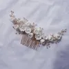 Hair Clips Porcelain Flower Comb Bridal Piece Pearls Wedding Jewelry Handmade Gold Silver Color Women Accessories