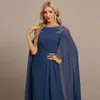 Abito vintage per la madre della sposa blu navy 2024 maniche ad aletta scollo rotondo applicazioni di pizzo con paillettes abito lungo in chiffon a-line per gli ospiti di nozze