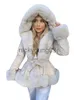 Parkas Femme EE1492 PU cuir vestes courtes femmes mode cravate ceinture taille manteaux femmes élégant fausse fourrure à capuche manteaux femme doublé de fourrure dames J231113