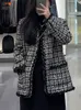 Kadın yünü harmanlar zarif artı boyutu S-4XL Tweed ekose ceketler Kore moda o yaka tek göğüslü büyük cep katları sokak kıyafetleri kadınlar rahat üstler 231102