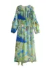Günlük elbiseler bahar kadınları lamine dekoratif baskı elbise v boyun uzun kolu kadın yaz moda zarif midi elbiseler 230413