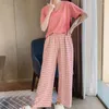 Women's Sleepwear Women Breathable Cotton 2-Piece Pajamas Check Printed Ladies Loose Loungewear Wide Leg Pajama Home Soft Set