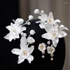 Hair Clips Pearl Head Piece White Flower Floral Hairpins For Brides Women Pins Earrings Set Wedding Accessories Bridal Jewelry