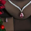 Ketting Oorbellen Set Mode Grote Roze Waterdruppel Kubieke Zirkoon Steen Sets Vrouwen Bruiloft Bruid Jurk Accessoires Party Show N-565