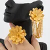 Halskette Ohrringe Set Afrikanischer Goldfarbener Schmuck Für Frauen Blumendesign Quaste Und Fingerring Hochzeiten Party Verlobung