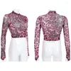 Stage Wear 2023 Dance Shirt Women Dancewear Red Leopard Print Mesh Long Sleeve Fingerless Turtleneck Sexy Salsa Latin Tops