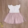 Girl's Dresses 05Y Summer Princess Infant Baby Girls Dress Ruffles Sleeve Solid Pearl Lace Patchwork Back Bowknot Tutu Dress 230412