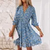 Casual jurken elegante bloemenprint vrouwen sexy v-neck halve mouw jurk korte mode a-line feestjurk boho strandjurken lengte 230413