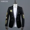 Medalha de ouro bordado blazer jaqueta masculina casual lapela duplo breasted terno preto palco baile mostrar cantor vestido militar homme 22619