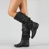 Vestido sapato botas de couro deslizamento em cunha longa moda plissado dedo do pé redondo outono inverno cor sólida preto botas altas de mujer 231113