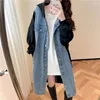 Kvinnors blusar denim skjortor för kvinnor huva vintage överdimensionerade lapptäcke cardigans långärmad avslappnad knälängd rockar koreanska stil toppar