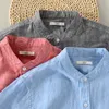 Chemises décontractées pour hommes Design col montant coton et lin hommes marque Chemise en lin à manches courtes mode rouge mâle Camisa Chemise