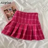 Two Piece Dress Neploe Notched Collar Plaid Skirt Suit Women Super Short Jacket Tops High Waist Aline Pleated Mini Skirts Female Twopiece 230413