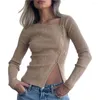 Kvinnors stickor Spring Fashion Elegance Women Diagonal Collar Hem Slit Solid Long Sleeve Slim Knit Khaki Cardigan tröja